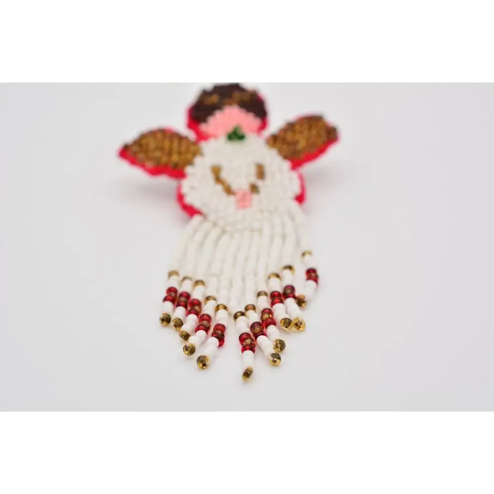 Vintage Angel Pin Brooch Beaded Dangle Fringe Fabric Christmas 1990s BinAT
